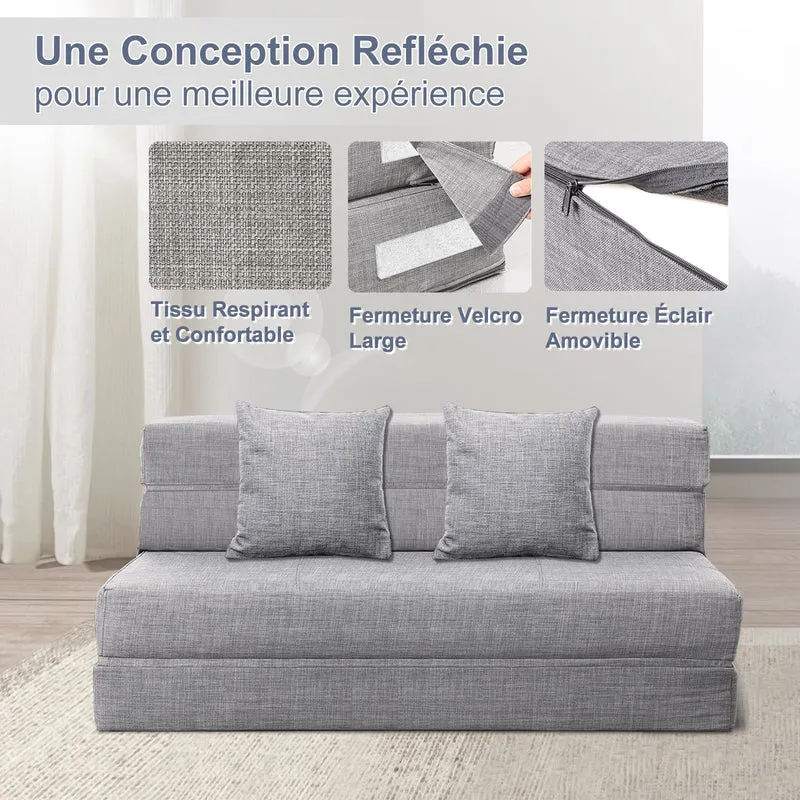 ANONER Canapé-lit Pliant 3 en 1, 2 oreillers et Housse Lavable, canapé-lit futon en Mousse à mémoire de Forme, pour Salon, Chambre, Gris Clair, 2 Places 203 × 152cm (Queen)