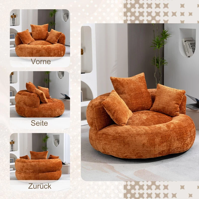 KOMHTOM Gros Pouf Canapé, Pouf Fauteuil Canapé pour Les Paresseux, avec 3 Coussins, sans Installation, Idéal pour Chambre, Salon ou cinéma Maison (Orange)