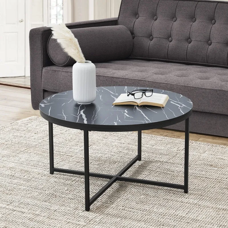[en.casa] Table Basse pour Salon Meuble Rond Design pour Intérieur Panneau de Particules Mélaminé Acier Revêtu par Poudre 45 x 80 cm Noir Marbre Noir