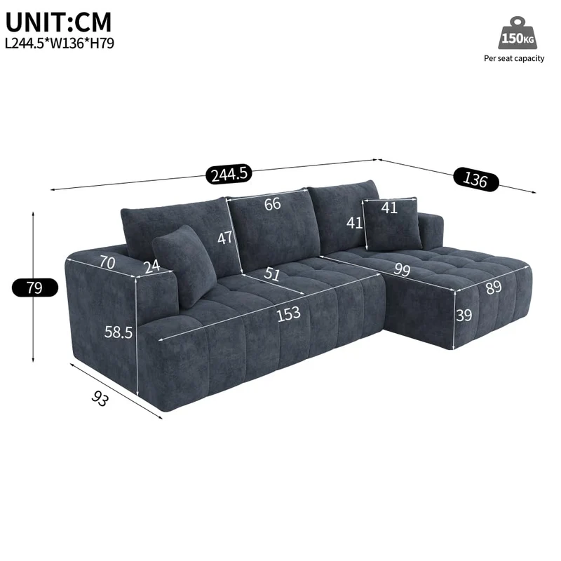 Cayipng Canapé d'angle modulaire, canapé nuage, canapé 3 places, canapé transformable, tissu chenille, librement combinable, pas besoin de montage (Bleu)