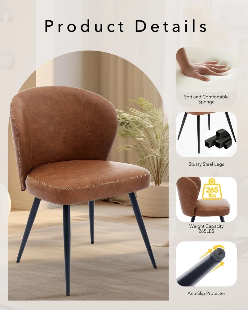 6XPCS Chaises de salle à manger en cuir PU , chaises de salle à manger et de cuisine modernes, capacité de charge de 150KG Chaises d'appoint tapissées avec pieds en acier-MARRON (2, marron, Moyen)