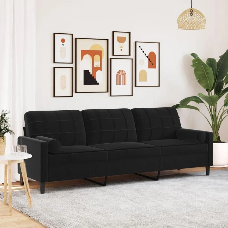 Mokuyary Canapé 3 places avec coussin décoratif noir 210 cm en velours pour salon, chambre à coucher, appartement, chambre d'amis, bureau