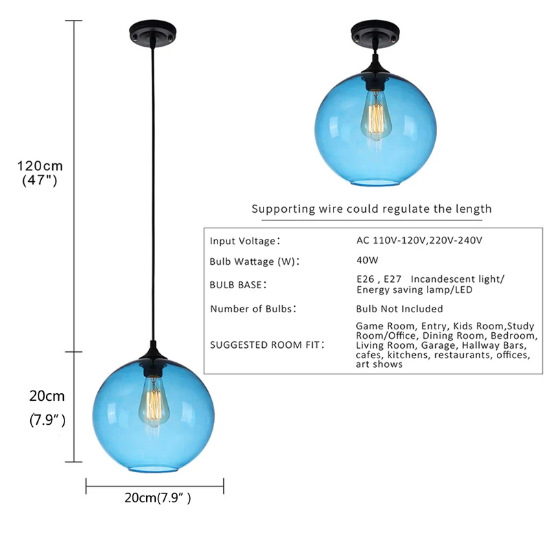 Suspension boule de verre simple, suspension industrielle vintage E27 Loft Bar Plafonnier, mini lustre globe 1 lumière pour cuisine salle à manger chambre (marron)