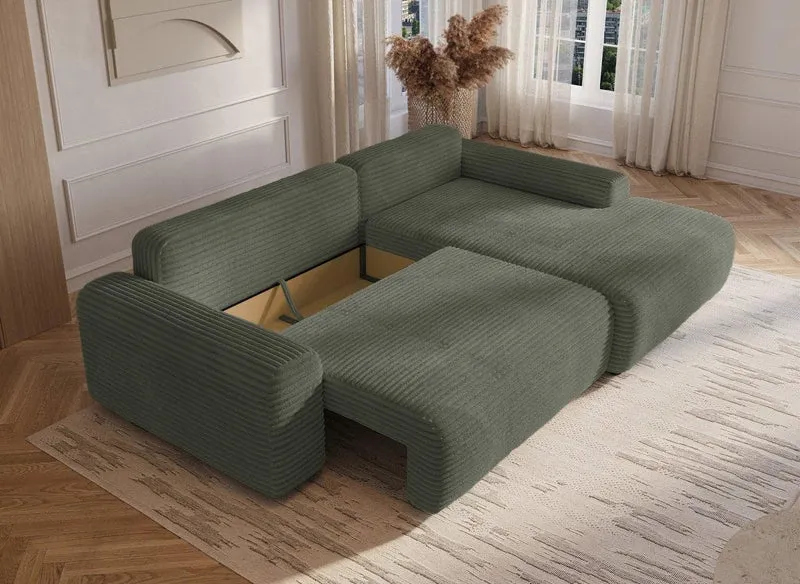 DecoInParis Canapé d'angle Droit Convertible avec Coffre en Velours côtelé épais Vert Kaki Bali - Angle Droit