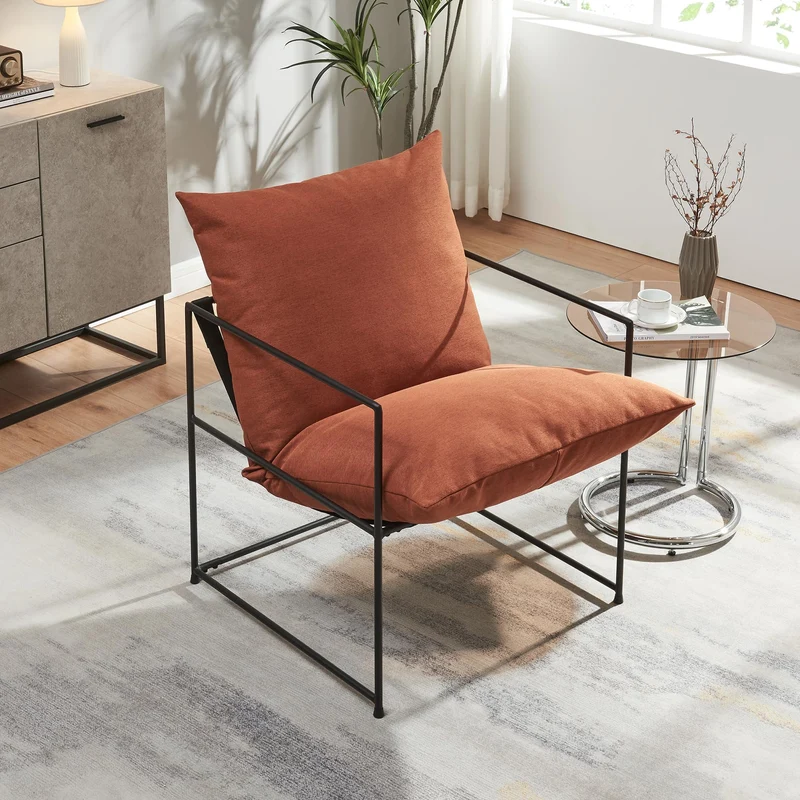 [en.casa] Fauteuil Confortable avec Coussins Rembourrés Housse Amovible et Lavable Siège Stable Design Intemporel pour Salon Chambre Bureau Métal Polyester 90 x 61 x 70 cm Noir Orange