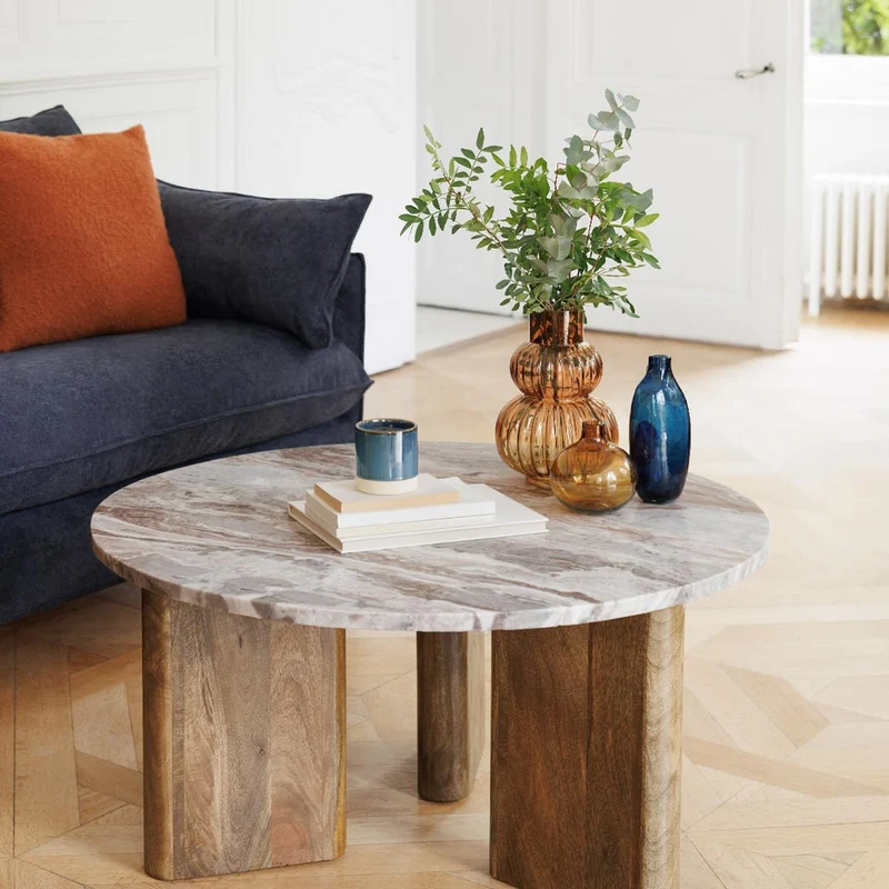 Atmosphera Créateur d'Intérieur - Table Basse Coppa en Marbre et Manguier - Table d'Appoint pour Chambre, Salon, Bureau - D92cm
