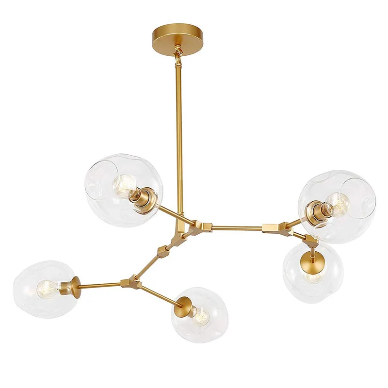 BUniq Lustre Spoutnik E26, 5 lumières, branches de boule de verre, suspension réglable en hauteur, lustre soufflé à la main du milieu du siècle, plafonnier Starburst, finition bronze tra