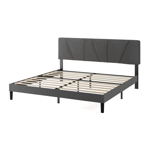 Zinus Maya Sommier 160x200 cm avec Lattes en Bois - Hauteur 30 cm - Tête & Cadre de Lit Double Tapissier - Montage Facile - Gris Foncé