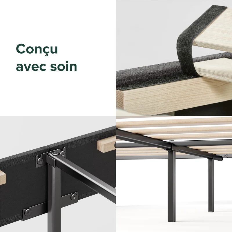 Zinus Maya Sommier 160x200 cm avec Lattes en Bois - Hauteur 30 cm - Tête & Cadre de Lit Double Tapissier - Montage Facile - Gris Foncé