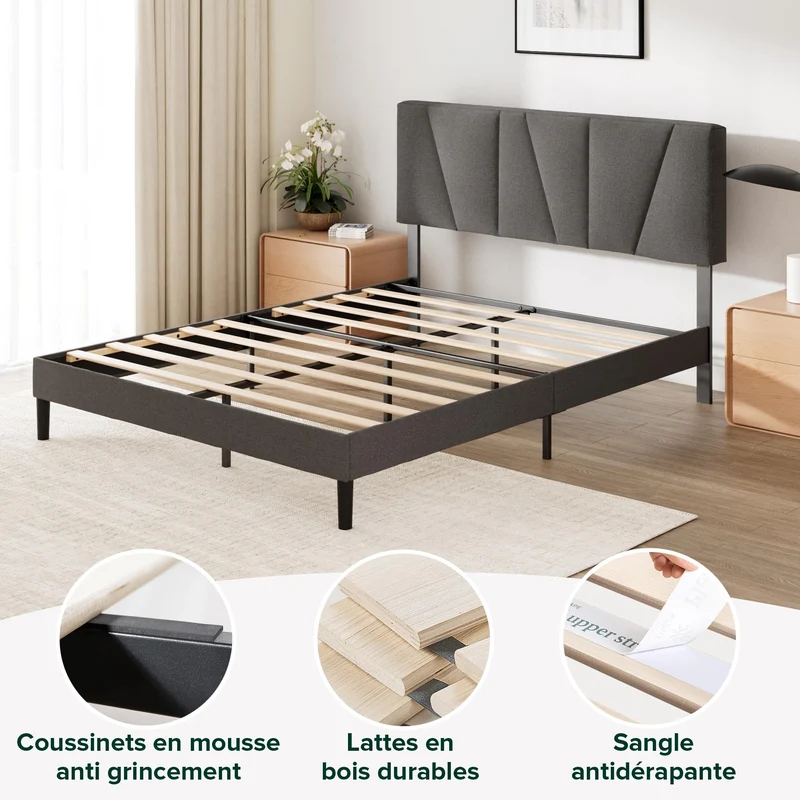 Zinus Maya Sommier 160x200 cm avec Lattes en Bois - Hauteur 30 cm - Tête & Cadre de Lit Double Tapissier - Montage Facile - Gris Foncé