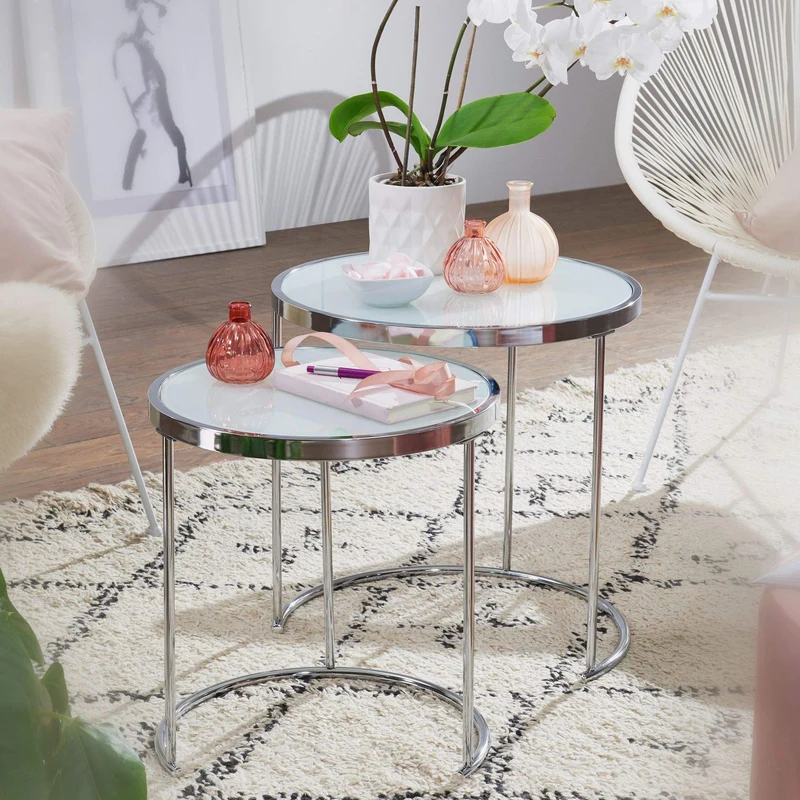 KADIMA DESIGN table de salon ronde Table d'appoint en verre blanc de l'argent table basse