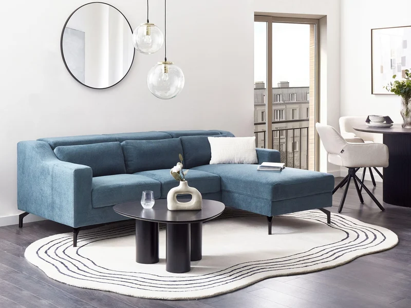 Beliani Canapé d'angle en Velours Bleu Foncé avec Appuis-tête Réglable pour Salon Moderne