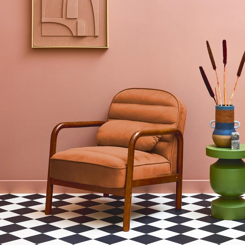 sweeek - Fauteuil scandinave Bois d'hévéa teinté Noyer et Tissu Velours Terracotta
