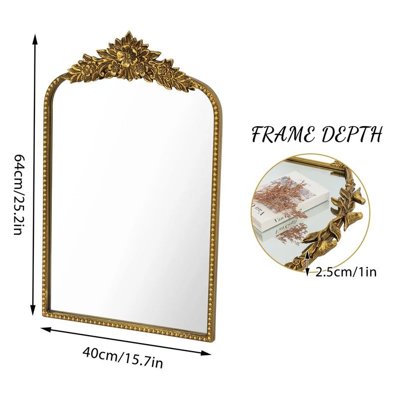 Awhtixbo Miroir Baroque doré Antique 40 x 64(H) cm – Cadre Vintage en Fonte avec Fleurs en résine sculptées à la Main, Miroir Mural incassable pour Salle de Bain, Salon et Chambre à Coucher