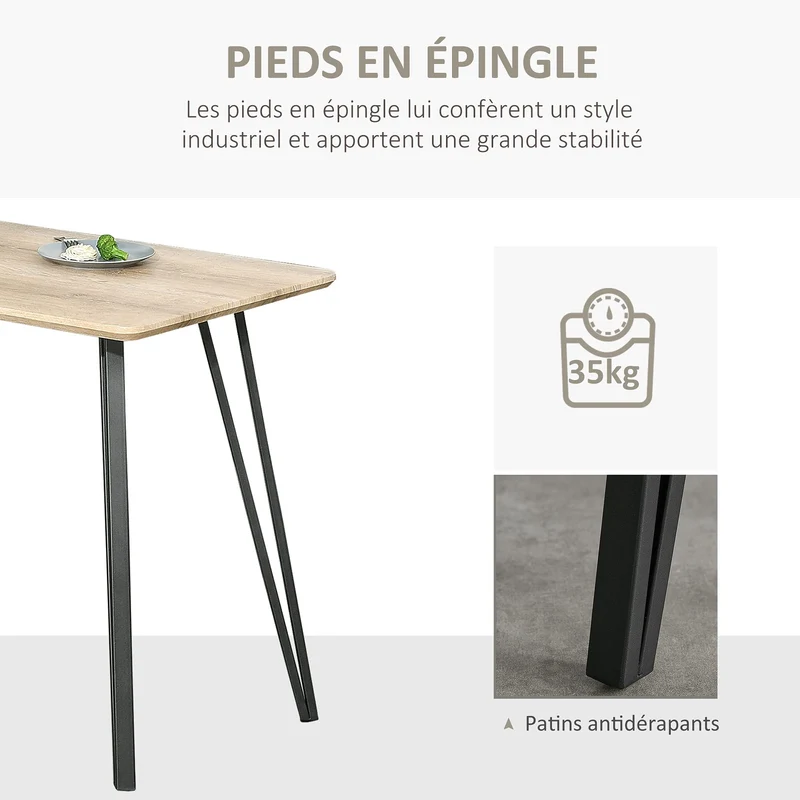 HOMCOM Table à Manger Design Industriel Grand Plateau dim. 120L x 60l x 75H cm Pieds métal Noir en épingles MDF Aspect chêne Clair