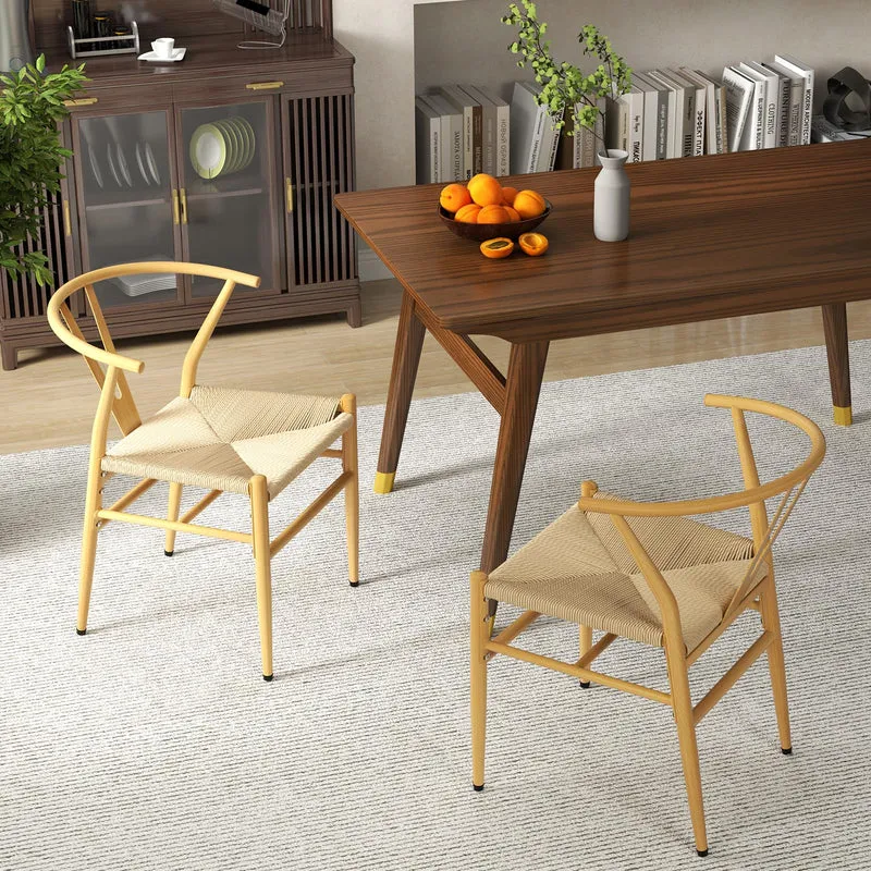 COSTWAY Chaise Wishbone Style Scandinave, Chaises avec Cadre en Métal, Dossier en Y, Assise Tressée, Chaise Design pour Salle à Manger, Salon, Bureau (Naturel,4)