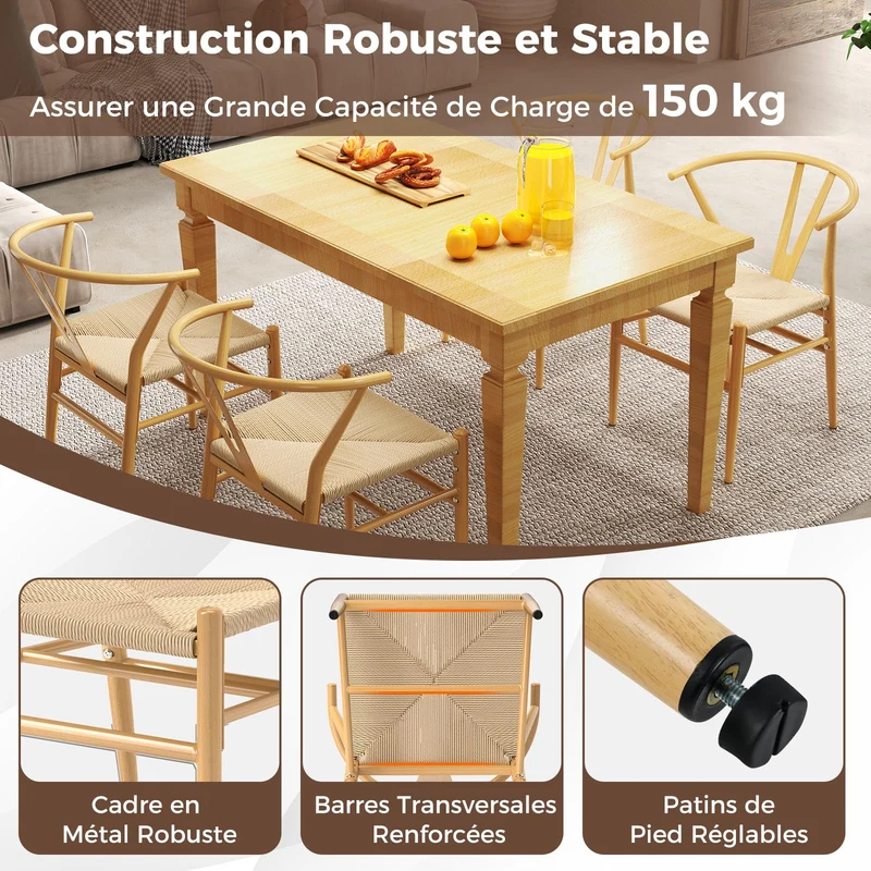 COSTWAY Chaise Wishbone Style Scandinave, Chaises avec Cadre en Métal, Dossier en Y, Assise Tressée, Chaise Design pour Salle à Manger, Salon, Bureau (Naturel,4)
