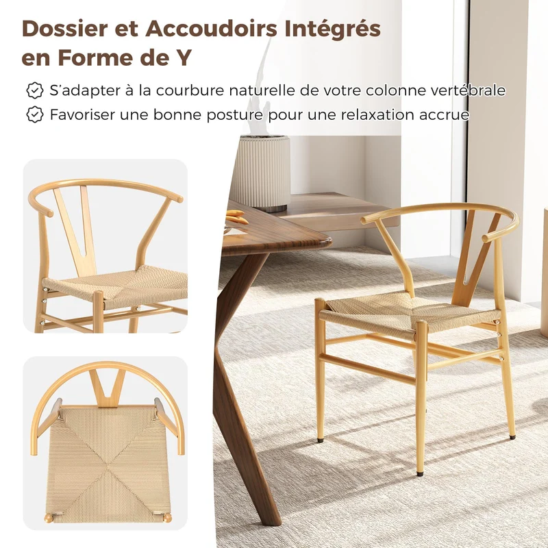 COSTWAY Chaise Wishbone Style Scandinave, Chaises avec Cadre en Métal, Dossier en Y, Assise Tressée, Chaise Design pour Salle à Manger, Salon, Bureau (Naturel,4)