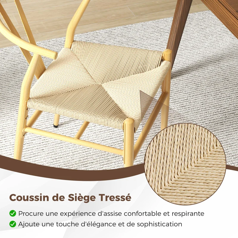 COSTWAY Chaise Wishbone Style Scandinave, Chaises avec Cadre en Métal, Dossier en Y, Assise Tressée, Chaise Design pour Salle à Manger, Salon, Bureau (Naturel,4)