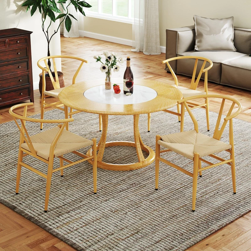 COSTWAY Chaise Wishbone Style Scandinave, Chaises avec Cadre en Métal, Dossier en Y, Assise Tressée, Chaise Design pour Salle à Manger, Salon, Bureau (Naturel,4)