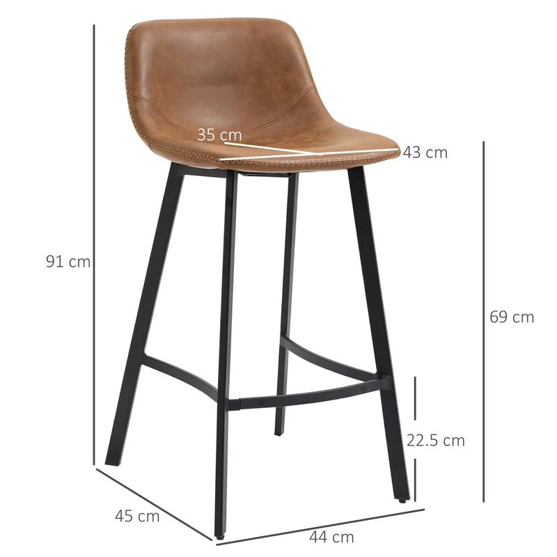 HOMCOM Bar Stools Set of 2, PU Leather Kitchen Stools, Upholstered Breakfast Bar Chairs with Backrest, Steel Legs for Home, Dining Room, Brown (tabourets de Cuisine en Cuir PU, chaises de Bar