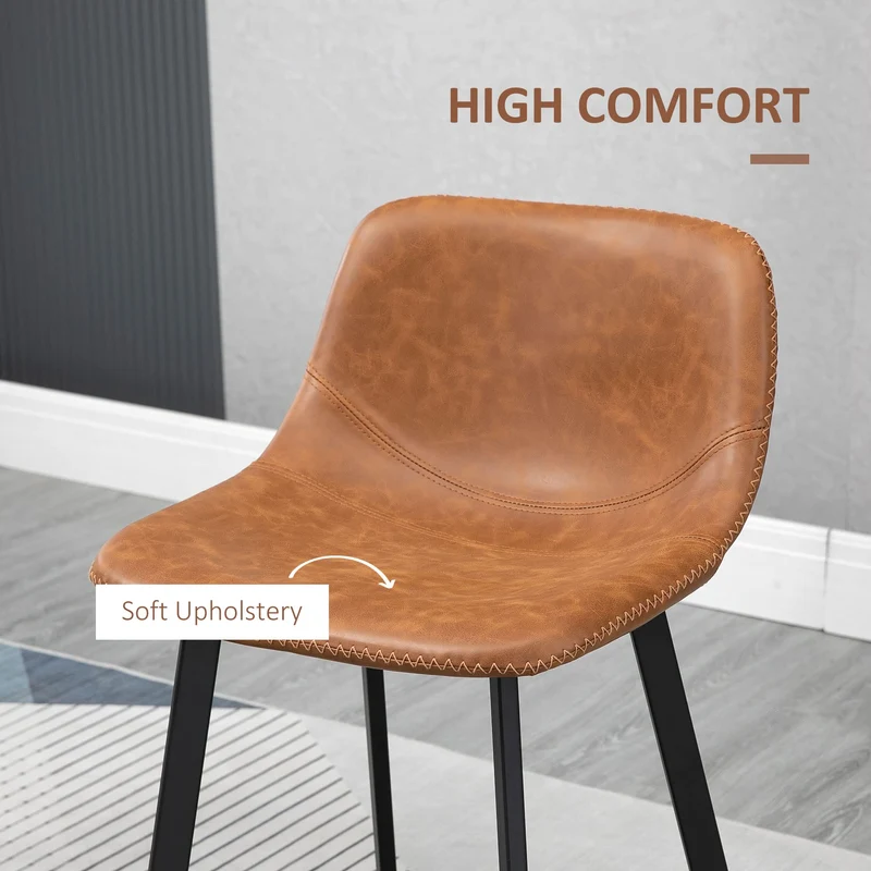 HOMCOM Bar Stools Set of 2, PU Leather Kitchen Stools, Upholstered Breakfast Bar Chairs with Backrest, Steel Legs for Home, Dining Room, Brown (tabourets de Cuisine en Cuir PU, chaises de Bar