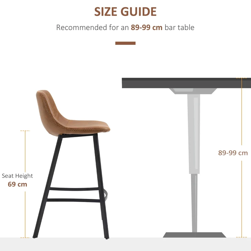HOMCOM Bar Stools Set of 2, PU Leather Kitchen Stools, Upholstered Breakfast Bar Chairs with Backrest, Steel Legs for Home, Dining Room, Brown (tabourets de Cuisine en Cuir PU, chaises de Bar
