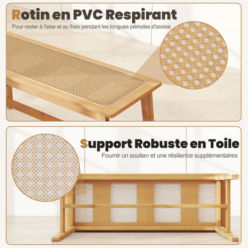 RELAX4LIFE Banc Chaussures Entrée 100 CM en Rotin, Banc Salle à Manger en Bambou Amana Cannage avec Tissé à la Main, Banquette, Bout de Lit pour Entrée Cuisine Salon Chambre Naturel