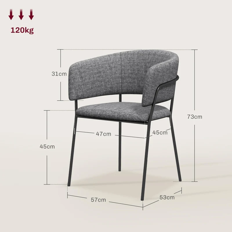 HOMCOM Lot de 2 chaises de Salle à Manger Chaise de Cuisine Pieds en Acier, Assise rembourrée, pour Salle à Manger, Salon, Cuisine, dim. 57L x 53l x 73H cm Gris