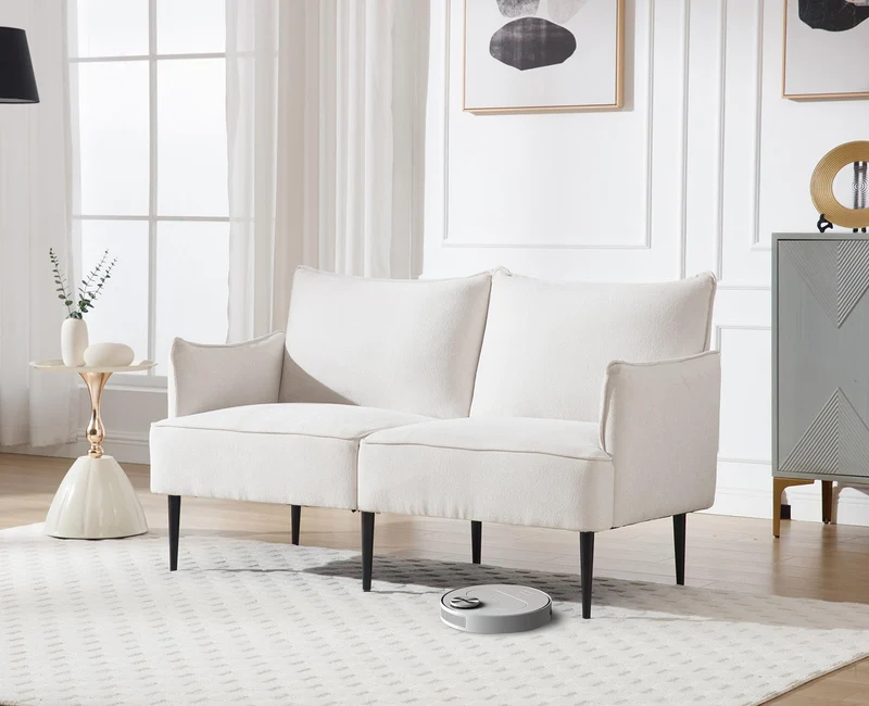 DAYALANE Canapé de 2 Places en Chenille Petit Canapé avec Accoudoirs Sofa à Coussin Rembourré et Cadre en Métal, Blanc