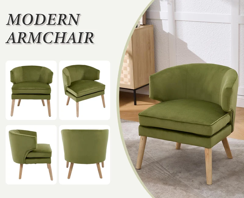 chairus Fauteuil Salon Moderne, Chaise Rembourrée en Velours avec Pieds en Bois, Fauteuil Relax avec Coussin Epais pour Salon, Chambre, Vert