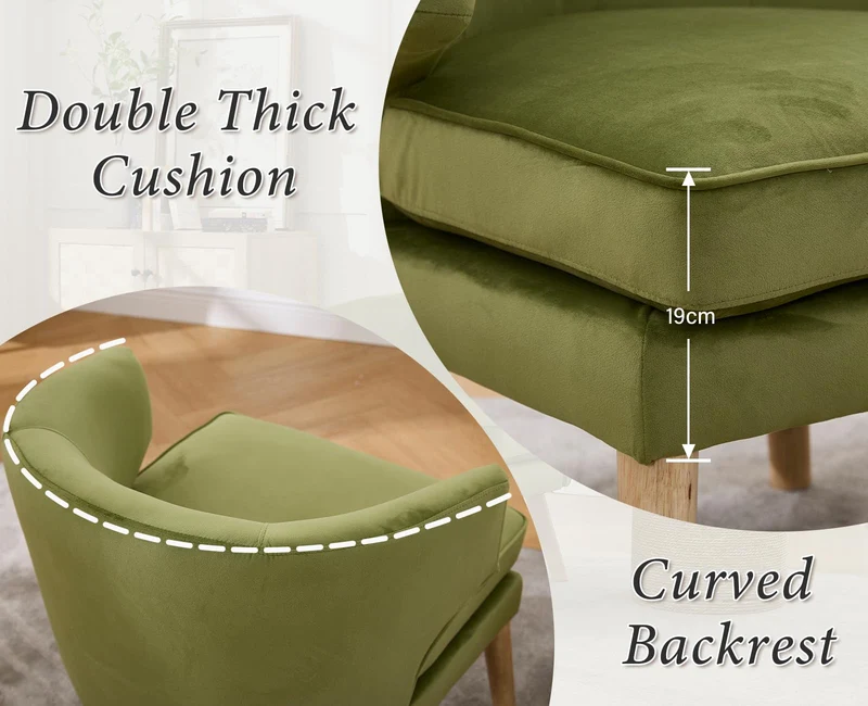 chairus Fauteuil Salon Moderne, Chaise Rembourrée en Velours avec Pieds en Bois, Fauteuil Relax avec Coussin Epais pour Salon, Chambre, Vert