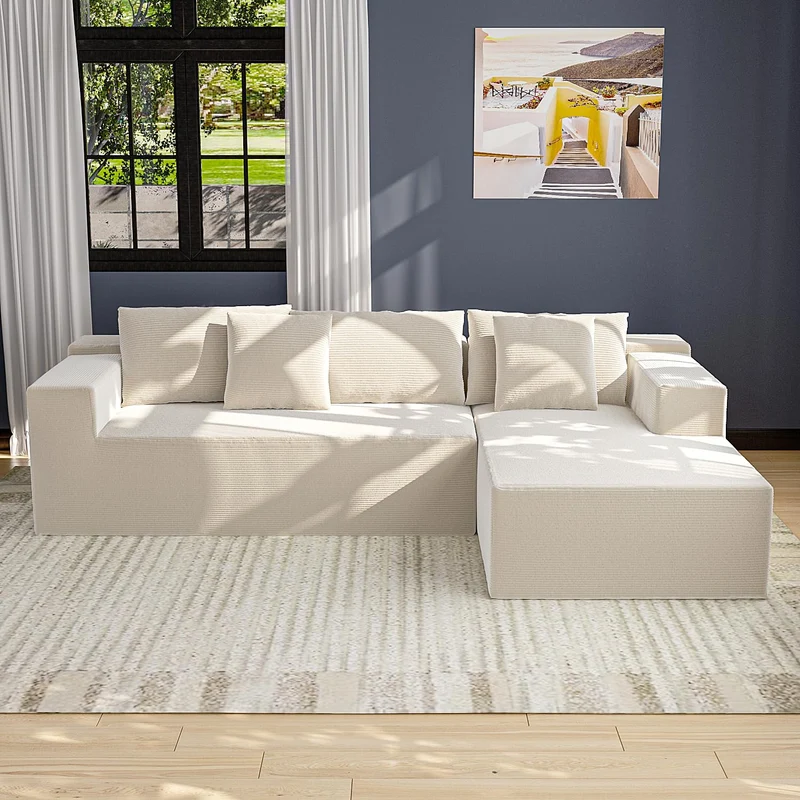 DEZAGCE Canapé d’Angle modulable en Tissu Beige, Grand canapé 4–5 Places avec méridienne, Coussins Inclus, Design Moderne et Confortable, 269 × 175 cm