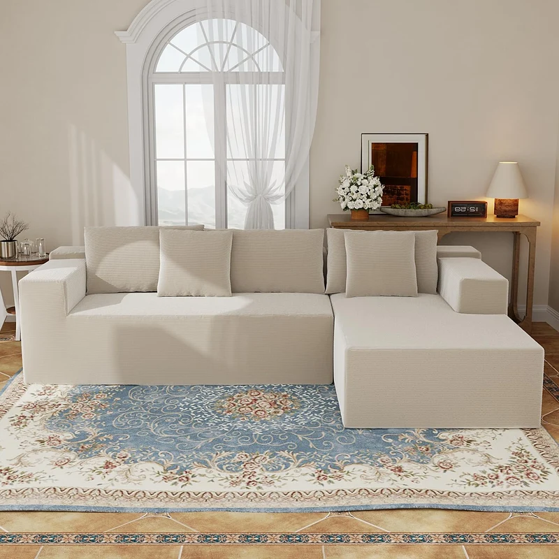 DEZAGCE Canapé d’Angle modulable en Tissu Beige, Grand canapé 4–5 Places avec méridienne, Coussins Inclus, Design Moderne et Confortable, 269 × 175 cm