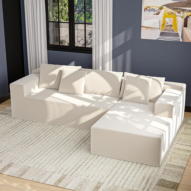 DEZAGCE Canapé d’Angle modulable en Tissu Beige, Grand canapé 4–5 Places avec méridienne, Coussins Inclus, Design Moderne et Confortable, 269 × 175 cm