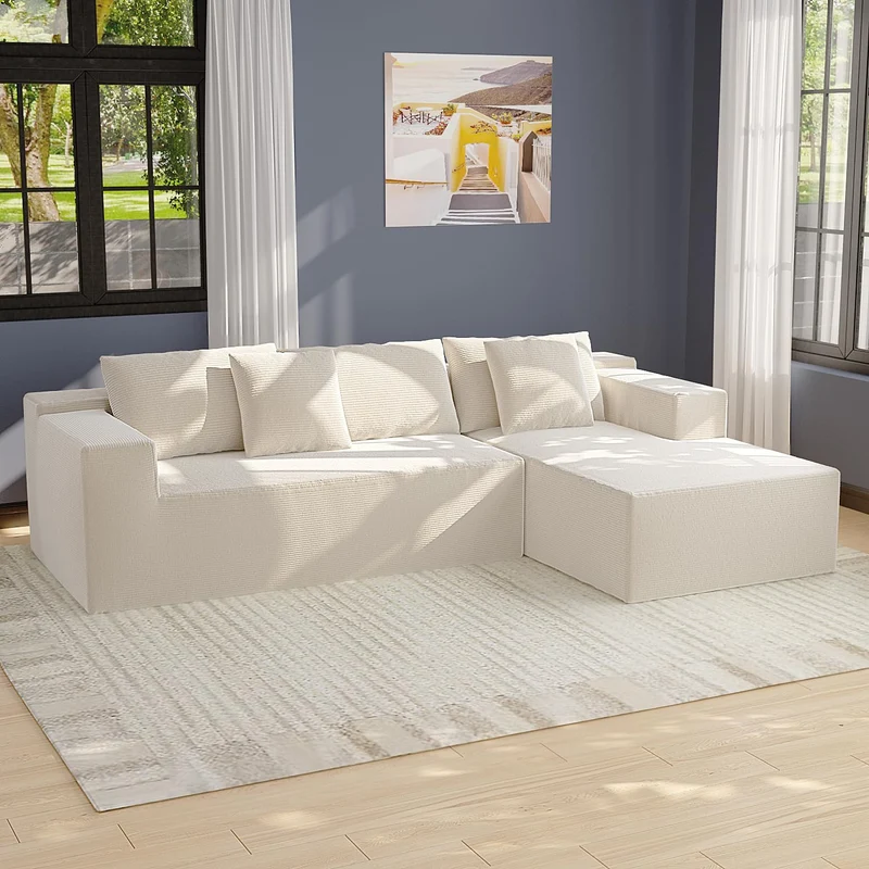 DEZAGCE Canapé d’Angle modulable en Tissu Beige, Grand canapé 4–5 Places avec méridienne, Coussins Inclus, Design Moderne et Confortable, 269 × 175 cm