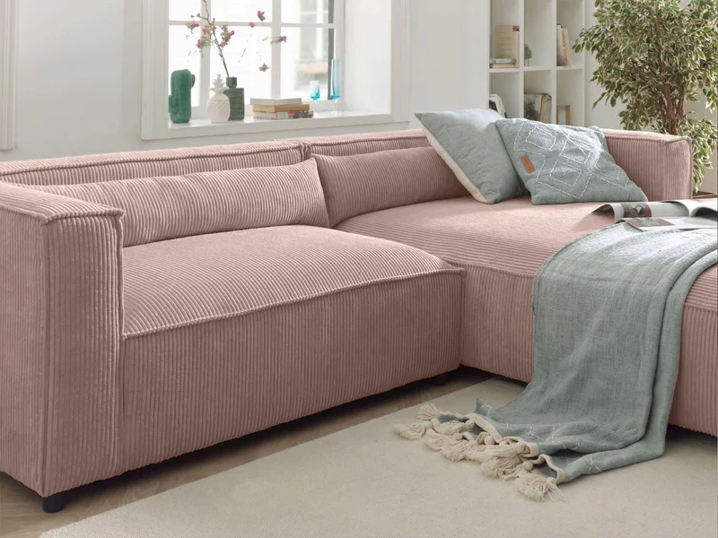 Lisa Design - Canapé d'angle Droit - Ela en Velours Côtelé - Sofa Rose 4 Places - Salon
