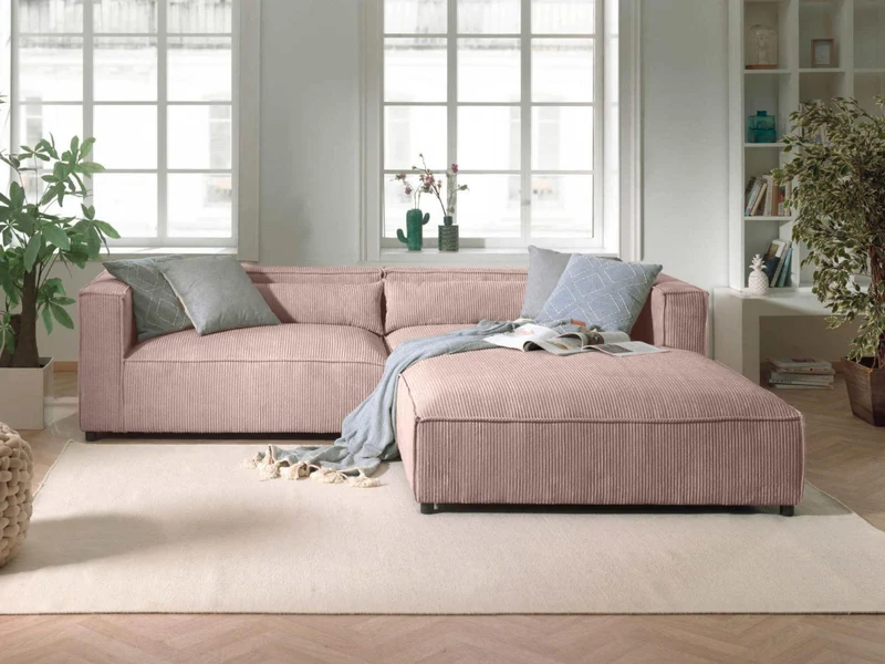 Lisa Design - Canapé d'angle Droit - Ela en Velours Côtelé - Sofa Rose 4 Places - Salon