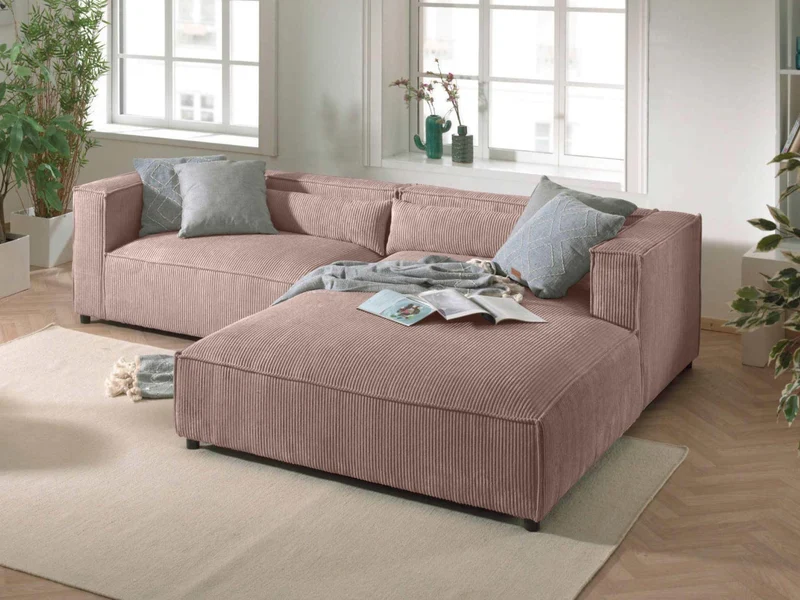 Lisa Design - Canapé d'angle Droit - Ela en Velours Côtelé - Sofa Rose 4 Places - Salon