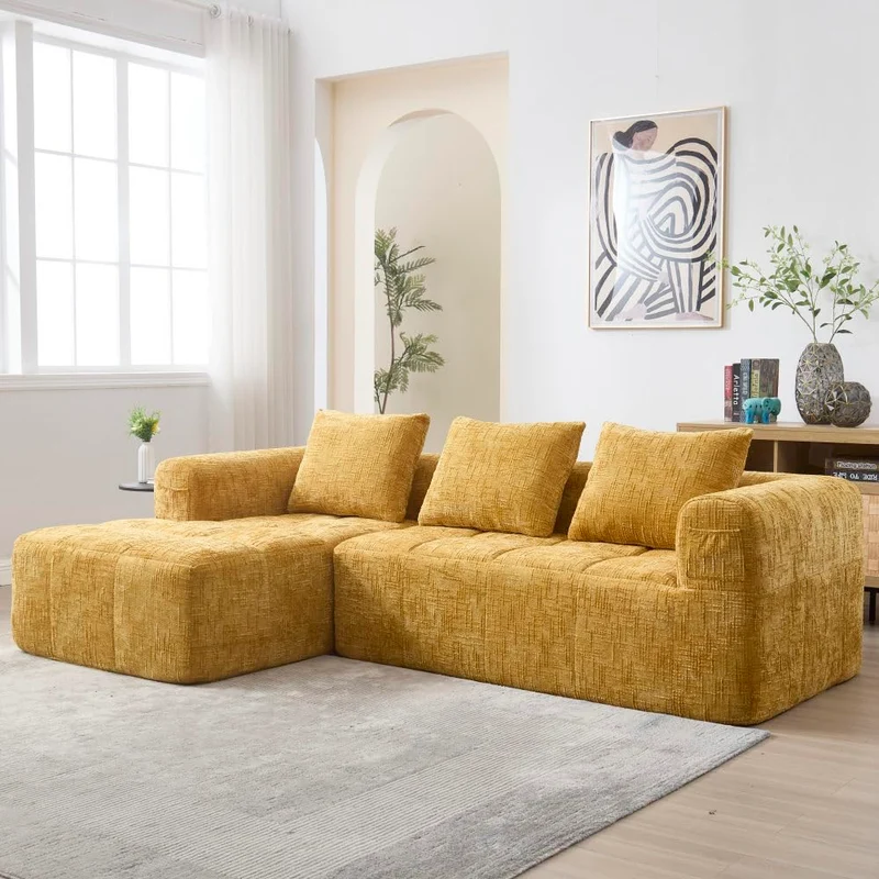 Sapgaks Canapé convertible pour 1 à 3 places, canapé modulaire, canapé d’angle avec poches latérales, tissu chenille, avec chaise longue et accoudoirs, coussins de siège inclus (Jaune + Chenille + 3