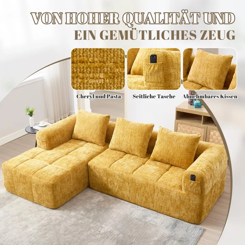 Sapgaks Canapé convertible pour 1 à 3 places, canapé modulaire, canapé d’angle avec poches latérales, tissu chenille, avec chaise longue et accoudoirs, coussins de siège inclus (Jaune + Chenille + 3
