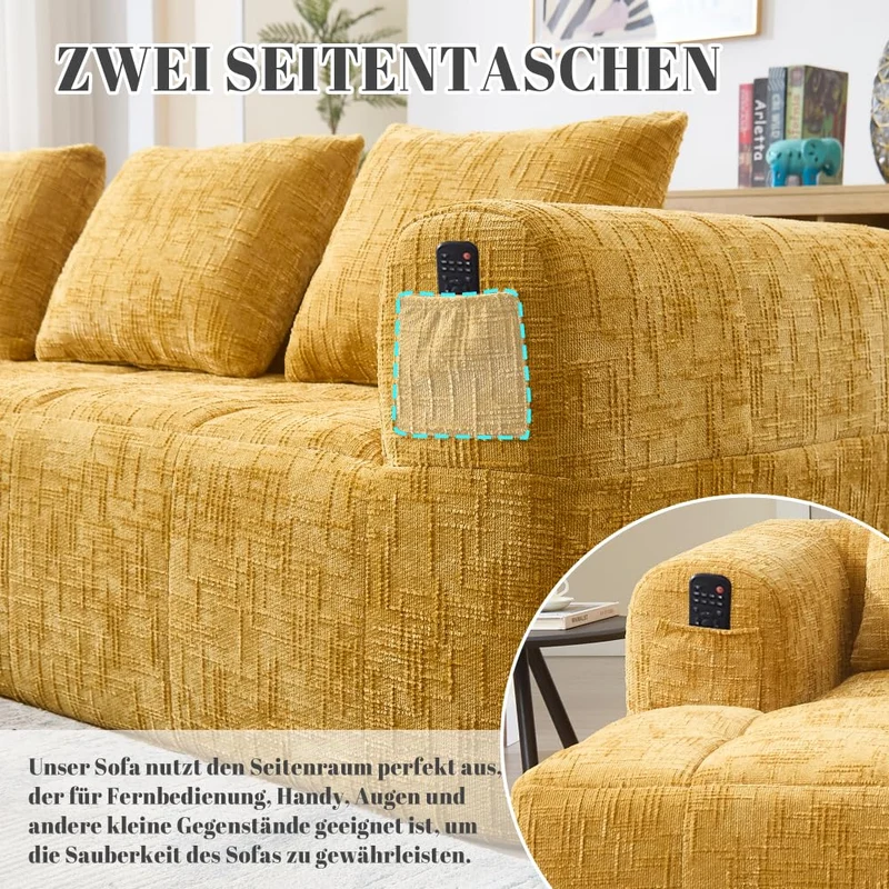 Sapgaks Canapé convertible pour 1 à 3 places, canapé modulaire, canapé d’angle avec poches latérales, tissu chenille, avec chaise longue et accoudoirs, coussins de siège inclus (Jaune + Chenille + 3