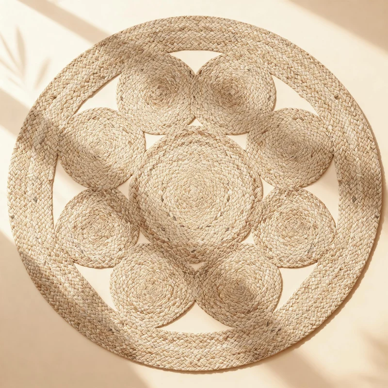 Craft Trade Naturel Bohème Rond Fleur Tapis en Jute Réversible Tressé Tapis de Jute Lavable Tissé à la Main Décor pour Cuisine Salon et Chambre - 150 cm