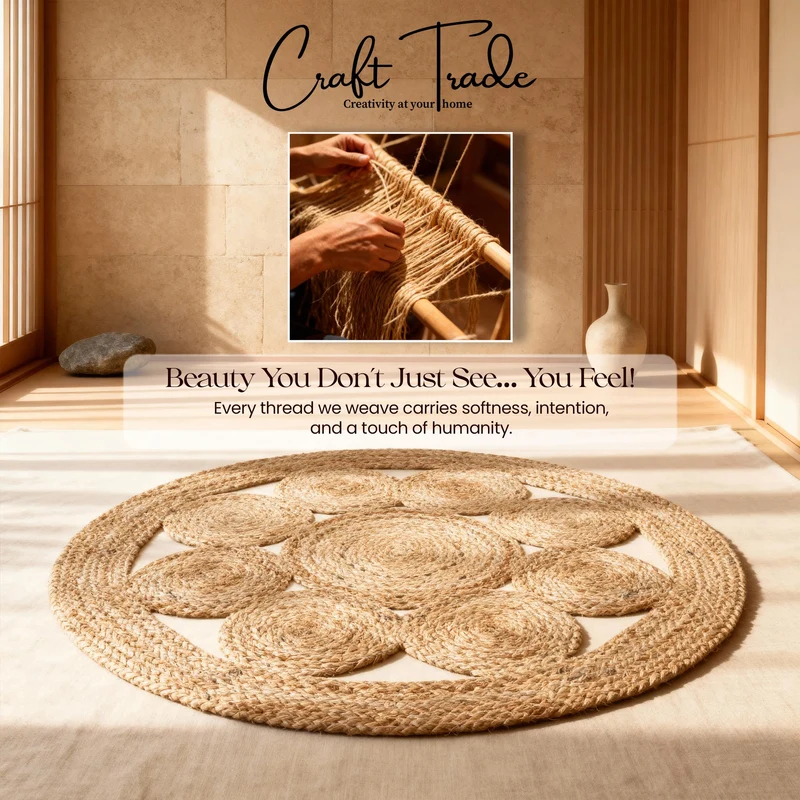 Craft Trade Naturel Bohème Rond Fleur Tapis en Jute Réversible Tressé Tapis de Jute Lavable Tissé à la Main Décor pour Cuisine Salon et Chambre - 150 cm