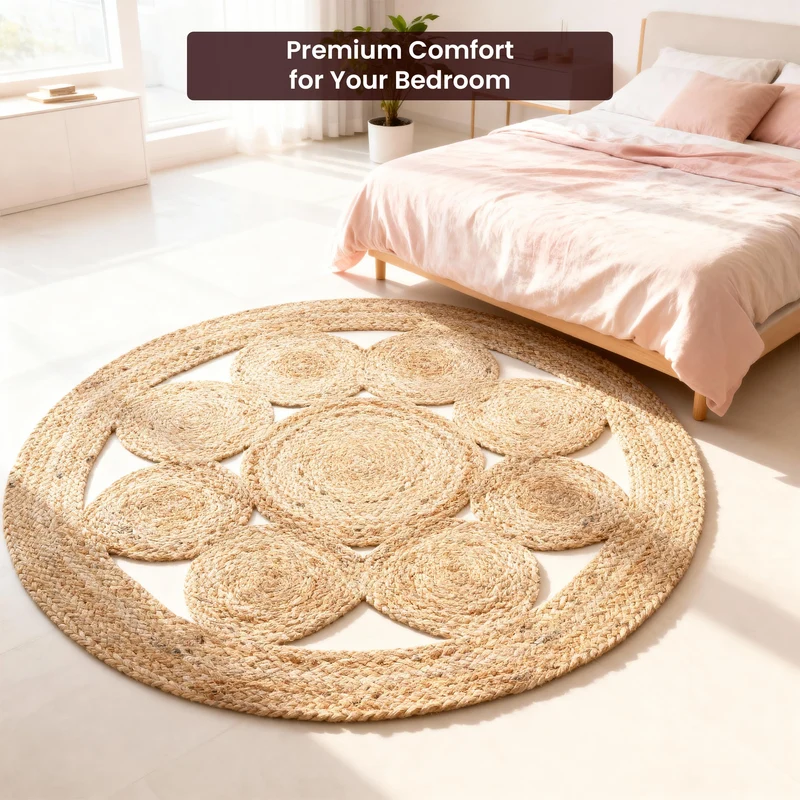Craft Trade Naturel Bohème Rond Fleur Tapis en Jute Réversible Tressé Tapis de Jute Lavable Tissé à la Main Décor pour Cuisine Salon et Chambre - 150 cm