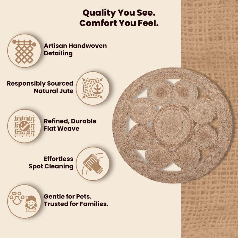 Craft Trade Naturel Bohème Rond Fleur Tapis en Jute Réversible Tressé Tapis de Jute Lavable Tissé à la Main Décor pour Cuisine Salon et Chambre - 150 cm