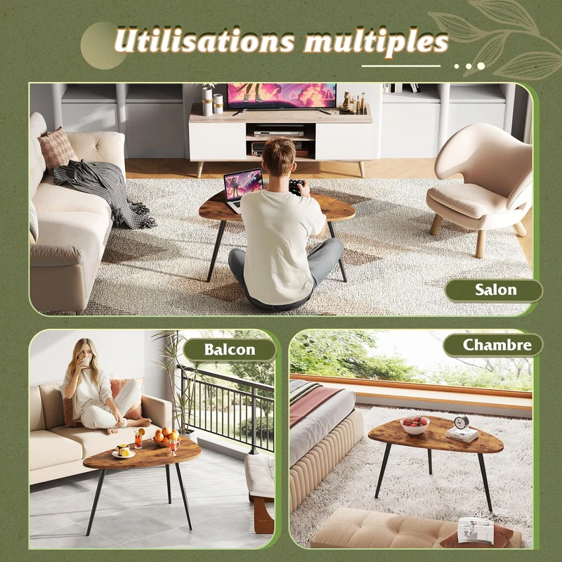 WLIVE Table Basse Salon Triangulaire aux Coins Arrondis - 85x48x46 cm, Porte jusqu'à 25kg, Bois Marron Foncé - Design Moderne et Sécuritaire, Facile à Assembler