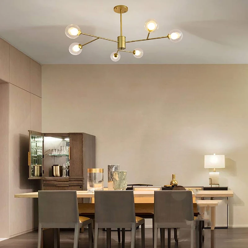 Moderne 9-lumières Or Spoutnik Lustre Unique Métal Chromé Industrielle Pendant Light Sphérique Verre Lampe De Plafond Pour Cuisine Évier Bar-Doré 9 têtes