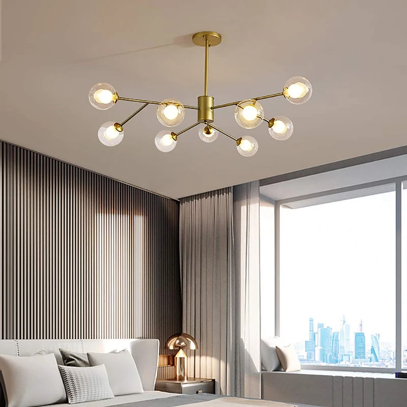 Moderne 9-lumières Or Spoutnik Lustre Unique Métal Chromé Industrielle Pendant Light Sphérique Verre Lampe De Plafond Pour Cuisine Évier Bar-Doré 9 têtes