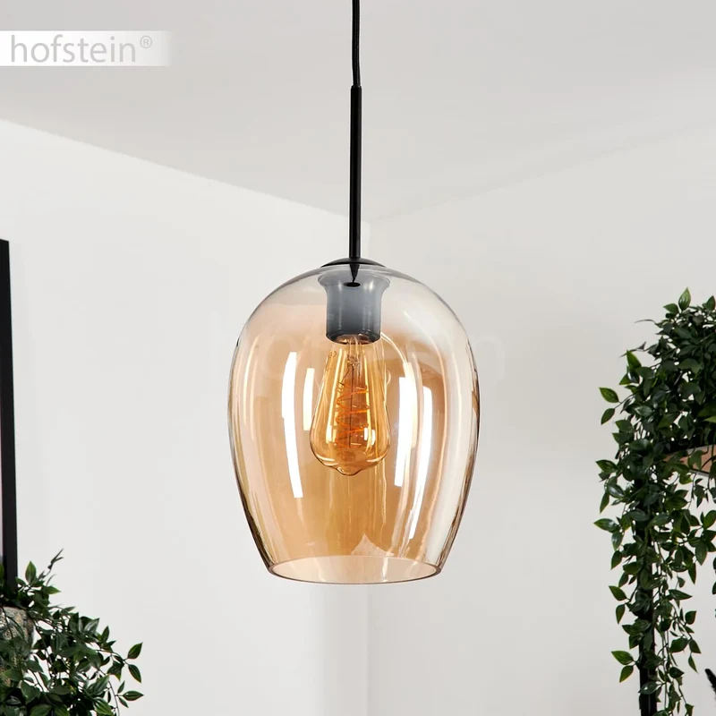 Suspension Vevino, suspension en métal/verre en noir/ambre, luminaire avec abat-jour en verre (Ø 20 cm), hauteur max. 150 cm, 1 x E27, ampoule(s) non incluse(s)